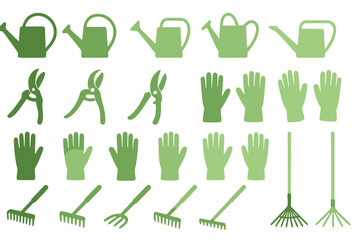 Collection of gardening tools including watering cans, gloves, and pruning shears in green shades on a white background