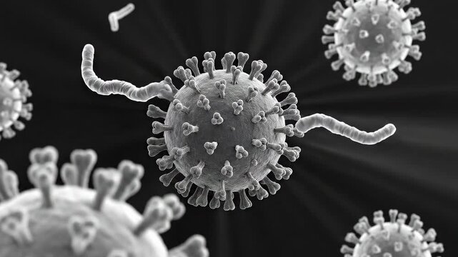 3D medical illustration of biological microorganisms. Abstract scientific background of germs, viruses or nematodes moving in gray monochrome.