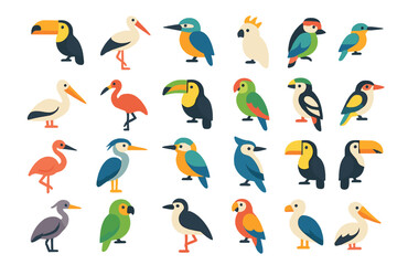 Fototapeta premium Colorful birds from around the world in various poses and designs on a white background