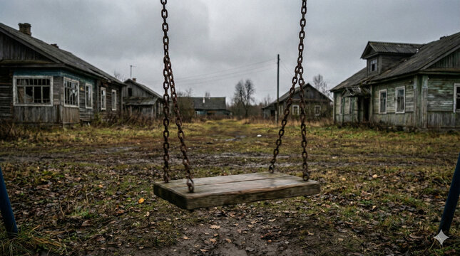 ppa. Empty playground swing moving in abandoned village under overcast sky. lifestyle magazines, social media lookbooks, designed for influencer and brand collaborations.