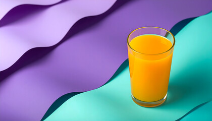 A minimalist still life featuring a glass of fresh orange juice on abstract pastel layers, creating a modern, vibrant mood with clean lines and bold color contrast.