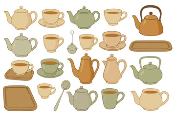 Fototapeta premium Collection of teapots, cups, and trays arranged on a white surface showcasing various tea items for serving