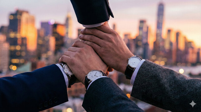 dicer. Three suited wrists clasped together against a blurred city skyline at dusk. pitch deck slides, case study pages, designed for corporate presentation decks and stakeholder reports.