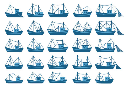 Multiple fishing boats arranged in rows with different shapes and sizes on a plain background