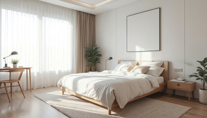 Fototapeta premium Bright minimalist bedroom has bed desk and large window. Sheer curtains let light in creating calm serene atmosphere. Wood furniture adds warmth to clean organized space perfect for relaxation.