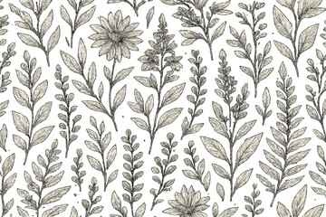 Floral pattern design with various plants and flowers in black and white on a light background for art projects and decor
