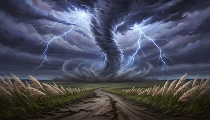 Massive Tornado and Lightning Strike Over Rural Field at Night