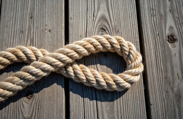 Fototapeta premium Thick braided rope lies coiled on weathered grey wooden pier planks under bright sun. Texture detail highlights maritime mooring line and nautical dock surface. Outdoor scene.