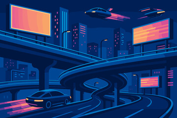 Fototapeta premium Cars and flying vehicles move through a futuristic city at night with neon signs and tall buildings