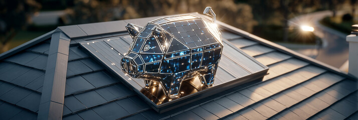 Close-up, a Surreal, Hyper-Realistic Image of a Piggy Bank Shaped Solar Panel on a Rooftop of a House, Symbolizing Energy Savings, Renewable Solar Power and Sustainable Home Investment. Generative Ai.