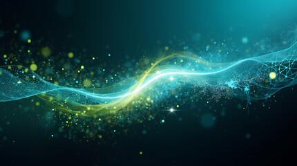 Background with glowing light blue and green lines, particles of digital data flowing in the air