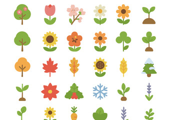 Fototapeta premium Colorful spring plants and flowers arranged in a grid on a white background showing various shapes and colors