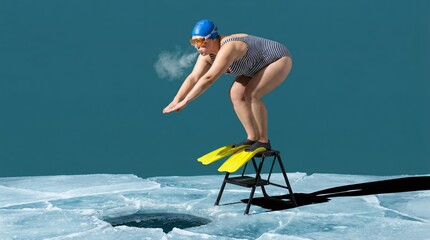 Woman in striped swimsuit and flippers preparing to dive into frozen ice hole