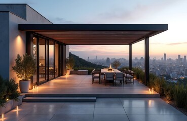 Fototapeta premium Modern rooftop terrace with pergola overlooks city skyline at dusk. Outdoor dining table and chairs set under canopy. Urban balcony offers scenic cityscape view at twilight.