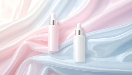 Two elegant skincare dropper bottles arranged on flowing pastel fabric, creating a clean, calm, and premium visual perfect for cosmetic branding and product advertising.