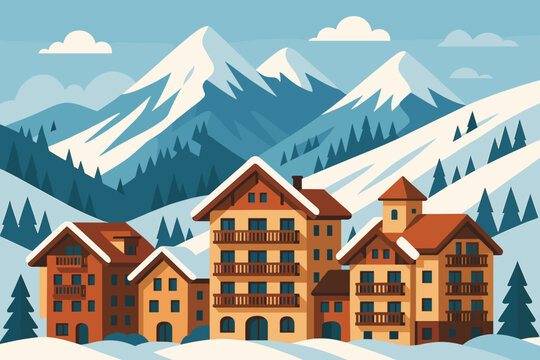 Mountain scene with buildings in snowy landscape under blue sky and clouds during daytime