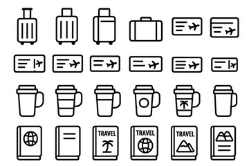 Travel items arranged in a grid showing bags, tickets, drinks, and travel books