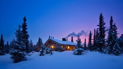 A cozy wooden cabin nestled in a snowy forest during the beautiful blue hour of twilight