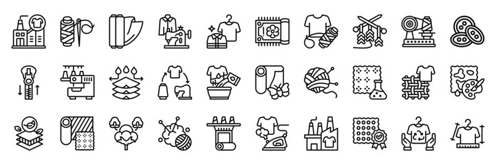 Textile Industry icon collection line style. containing Textile Industry, Thread, Fabric, Sewing Machine, Clothes, Rugs, Nylon, Knitting, Thread Production, Buttons, Zipper, Industry, business