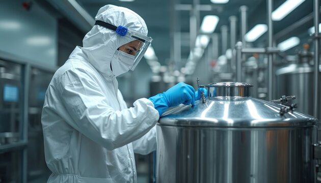 Scientist in sterile suit works with large metal tank in lab. Person wears full protective gear, gloves, mask, face shield for safety. Focus on cleanroom procedure in pharma or biotech industry.