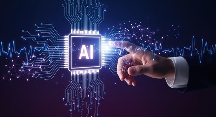 A hand reaches toward a glowing AI chip symbol with circuit patterns and data nodes. Perfect for technology presentations, artificial intelligence content, and digital transformation materials.
