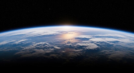 Earth viewed from space showing curved edge with bright sunlight breaking over clouds. Blue atmosphere glows against dark space. Perfect for climate, global, and planet themes.