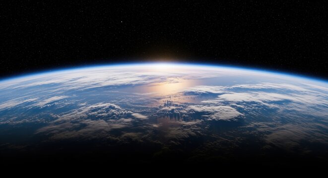 Earth viewed from space showing curved edge with bright sunlight breaking over clouds. Blue atmosphere glows against dark space. Perfect for climate, global, and planet themes.