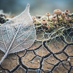 Macro shot of a frosted skeletal leaf, tiny mushrooms, and cracked earth, a symbolic illustration for Shakespeare's Hamlet