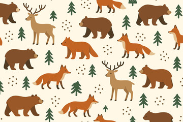 Obraz premium Wild animals in a forest setting with deer, bears, and foxes in various poses on a light background