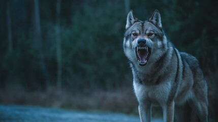 Fototapeta premium Snarling Wolf in Dark Forest Night