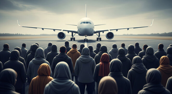 Back view of a crowd of migrants or refugees in front of an airplane on the runway, the airplane in the background is blurred, concept of illegal migration and deportation
