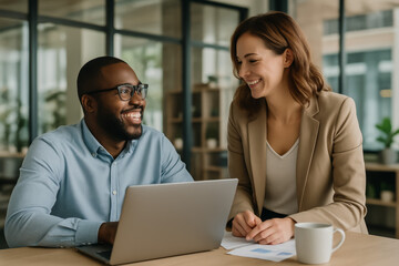 Two professionals collaborating in a modern office setting