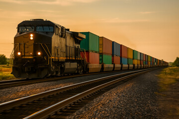 Fototapeta premium Freight train passing through countryside at sunset with containers