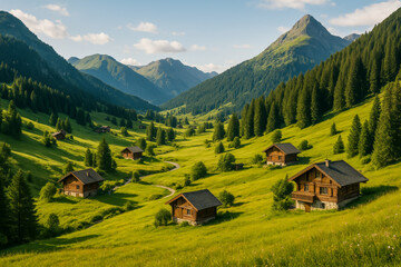 Naklejka premium Serene mountain valley with traditional wooden houses and lush greenery