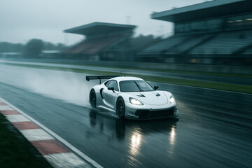 Obraz premium High-speed racing car driving on wet track in rain