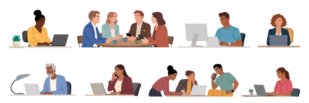 Set of diverse people working in an office, collaborating in meetings, using laptops and computers at desks. Flat vector illustration isolated on transparent background