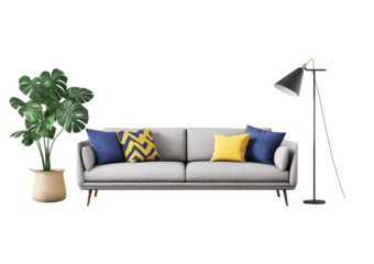 Light gray fabric sofa with blue and yellow geometric patterned cushions and a floor lamp isolated on a transparent background