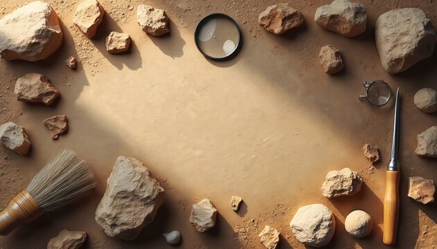 Paleontologist tools and rock fragments arranged for study on sandy surface. Magnifier and brush assist examination of ancient earth samples. Science research background.