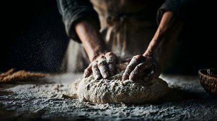 Close-up of hands kneading dough with flour in the air on a dark background, dramatic lighting. Concept: Artisan baking, traditional craftsmanship, handmade food, culinary art, heritage skills, slow l