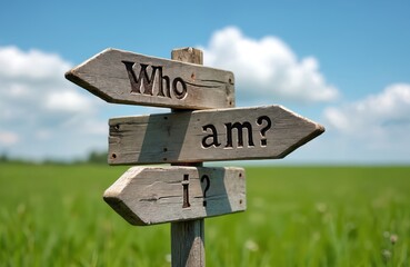 Wooden signpost asks Who am I in a green field. Outdoor crossroads represents searching for self identity, personal purpose, career choice, and life path.