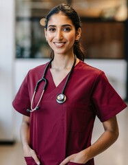 Medical student smiling at the camera at the university in burgundy in a surgical suit. Professional girl surgeon doctor.