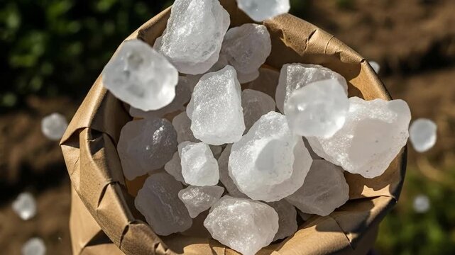 Close-up of White Crystal Rocks in a Brown Paper Bag