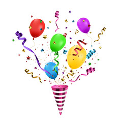 Colorful Balloons and Confetti Party Popper on Transparent Background