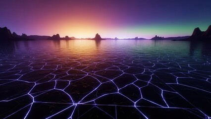 Cracked earth landscape with glowing lines at sunset purple sky