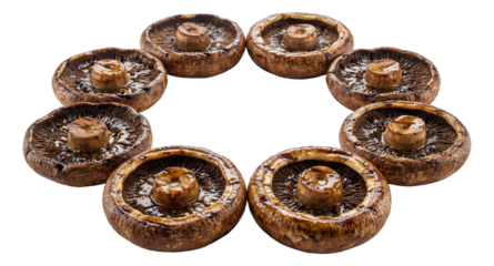 Grilled portobello mushrooms with a shiny glaze, placed in a circular formation.