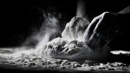 Obraz premium Close-up of hands kneading dough with flour in the air on a dark background, dramatic lighting. Concept: Artisan baking, traditional craftsmanship, handmade food, culinary art, heritage skills, slow l