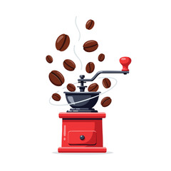 Retro Coffee Grinder Producing Freshly Roasted Beans and Aromatic Steam for Beverage Preparation