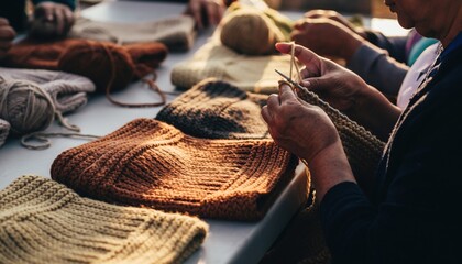 Empowering community through flat knitting for chemo caps closeup of volunteers creating soft caps