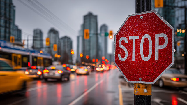 Wet stop sign in a busy city street with traffic lights