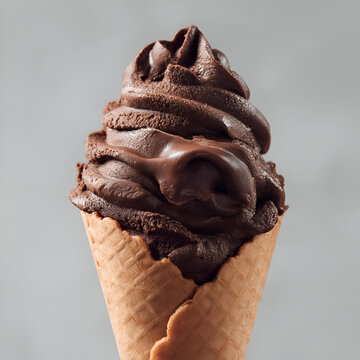 Indulge in rich chocolate soft serve ice cream, perfectly swirled in a crispy waffle cone, a delightful treat for ice cream lovers.